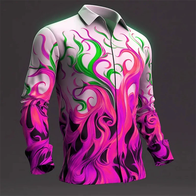 Shirts For Men 3D Flame Printed Fashion Casual Long Sleeved Shirts High Quality Men's Clothing Street Harajuku Sportswear Shirts