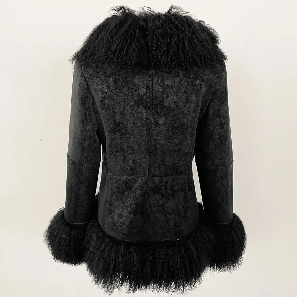 OFTBUY New Winter Warm Curly Mongolia Sheep Fur Jacket Women Vintage Shearling Coat Slim Faux Suede Real Rabbit Fur Clothing