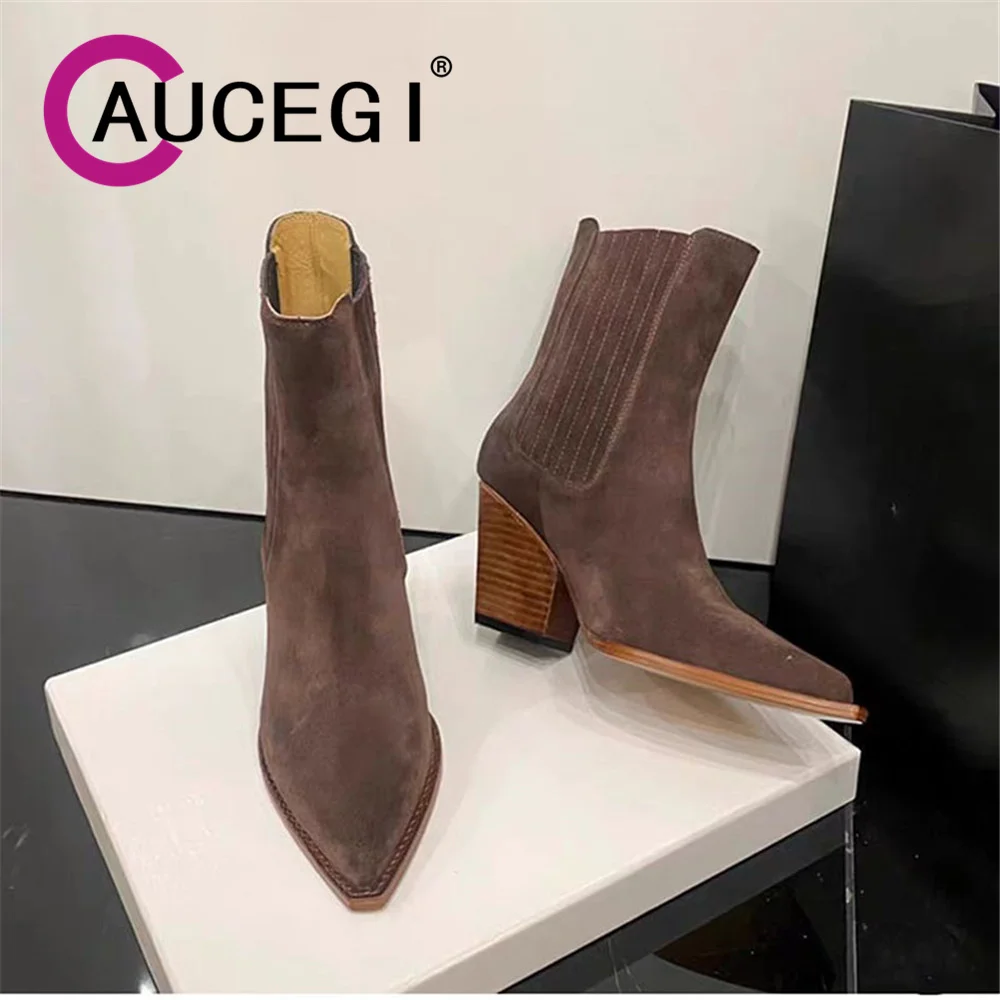 

Aucegi New Trend Women's Ankle Boots Faux Suede Chunky High Heel Pointed Toe Sewing Slip On Party Dress Shoes Large Size 35-46