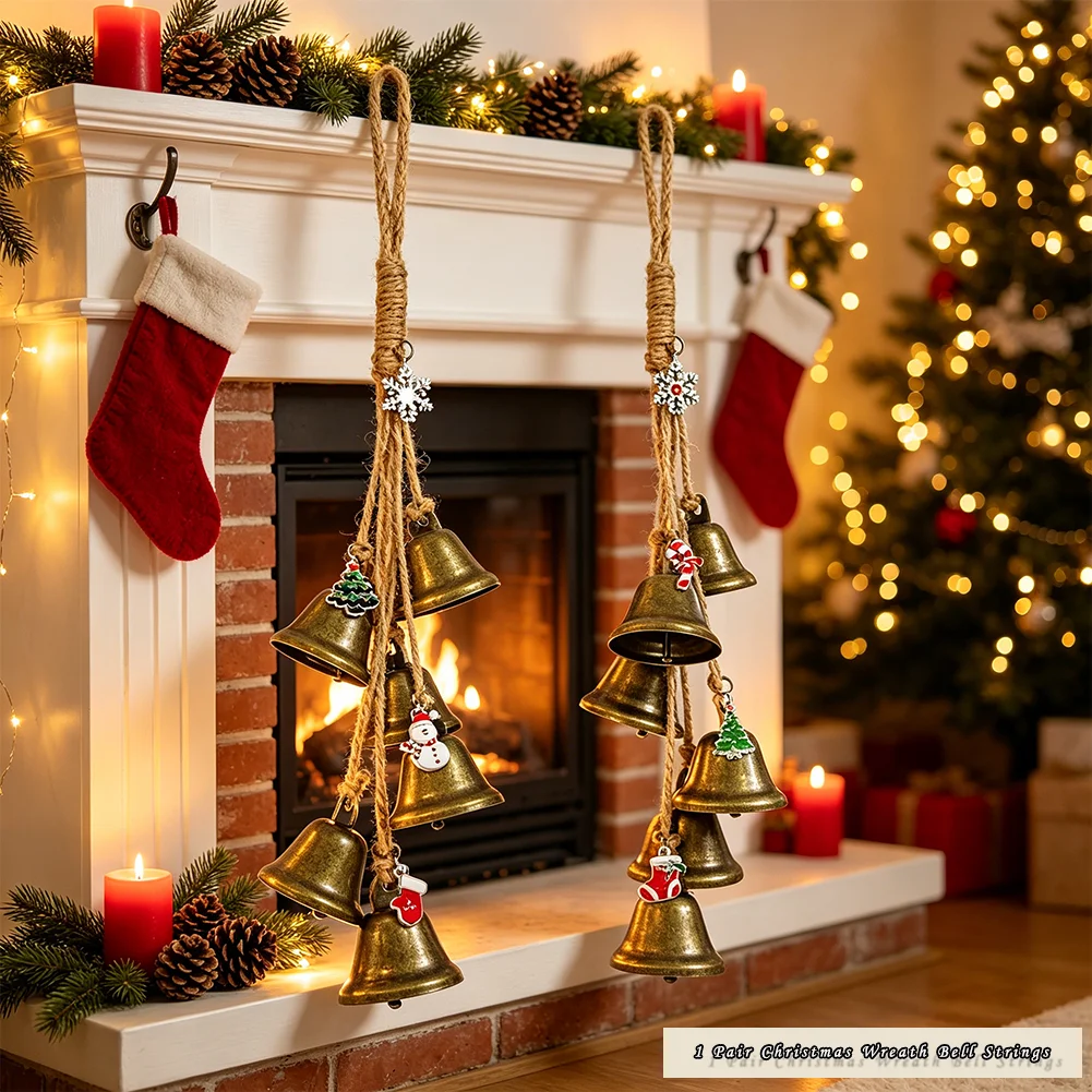 1 Pair Christmas Wreath Bell Strings Vintage Bronze-tone Iron Bells Jute Rope Xmas Tree Door Hanging Ornament Holiday Home Decor