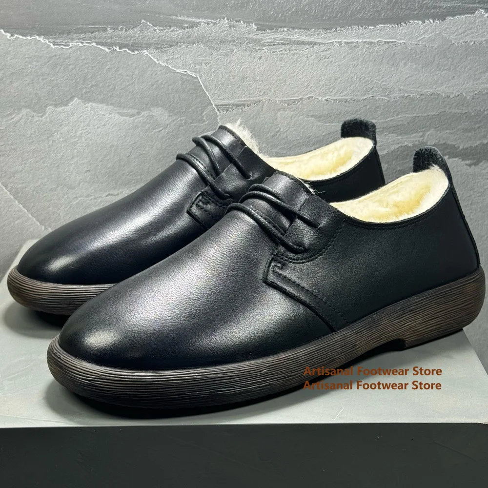 Cowhide Winter Snow Boots Men's Fur Integrated Warm Cotton Shoes Thick Soled Low Top Lace Up Anti Slip Winter Men's Shoes
