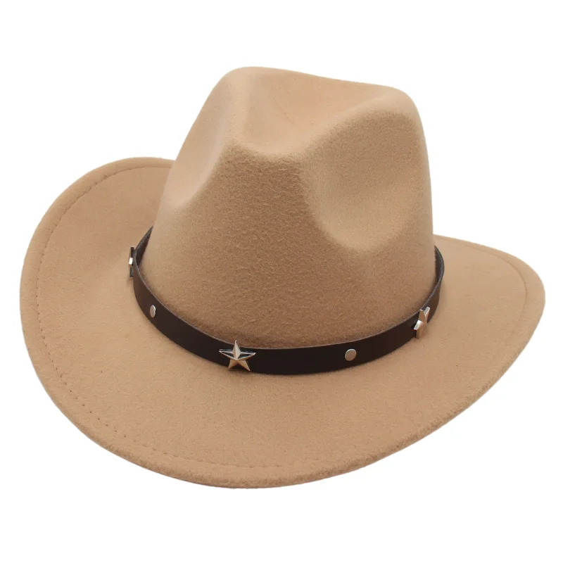 Jazz Black Western Cowboy Hat Men Travel Curved Brim Country Cowgirl Hat Women Wool Retro Pentagram Knight Felt Hats Wholesale