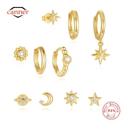 CANNER 1 Set 925 Sterling Silver Octagonal Star Zircon Stud Earrings Women Ins Geometric Flower Sunflower Earrings Fine Jewelry
