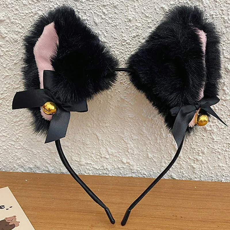 Sexy Women Cat Ears Headband for Girls Lace Bow Necklace Plush Bell Hairband Cosplay Masquerade-Party Costume Hair Accessories