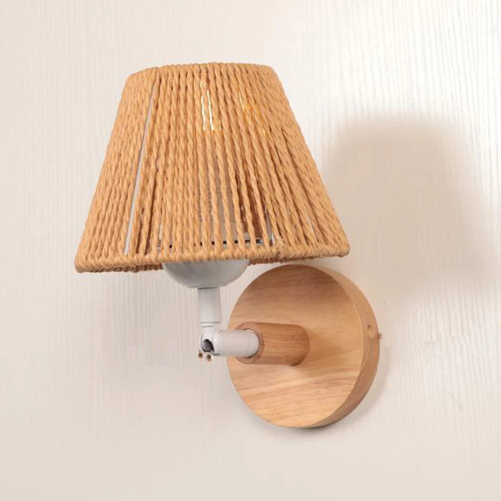 

Hemp Rope Woven Wall Light Vintage Wood Wall Lighting Retro Loft Rattan Bedside Lamp Industrial Living Room Bedroom Decor Sconce