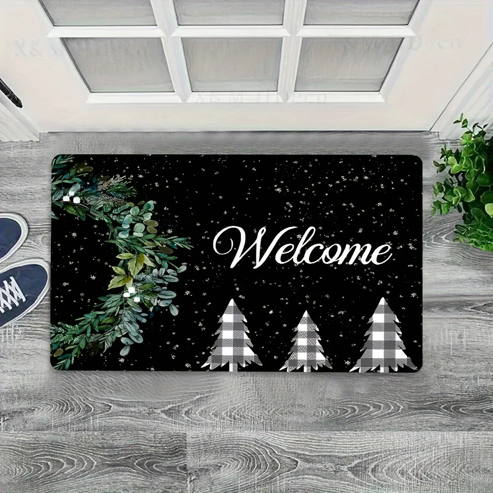 Merry Christmas Flannel Entryway Rug Water Absorbent Non Slip Floor Mat Snowing Xmas Tree & Stocking Print Welcome Carpet