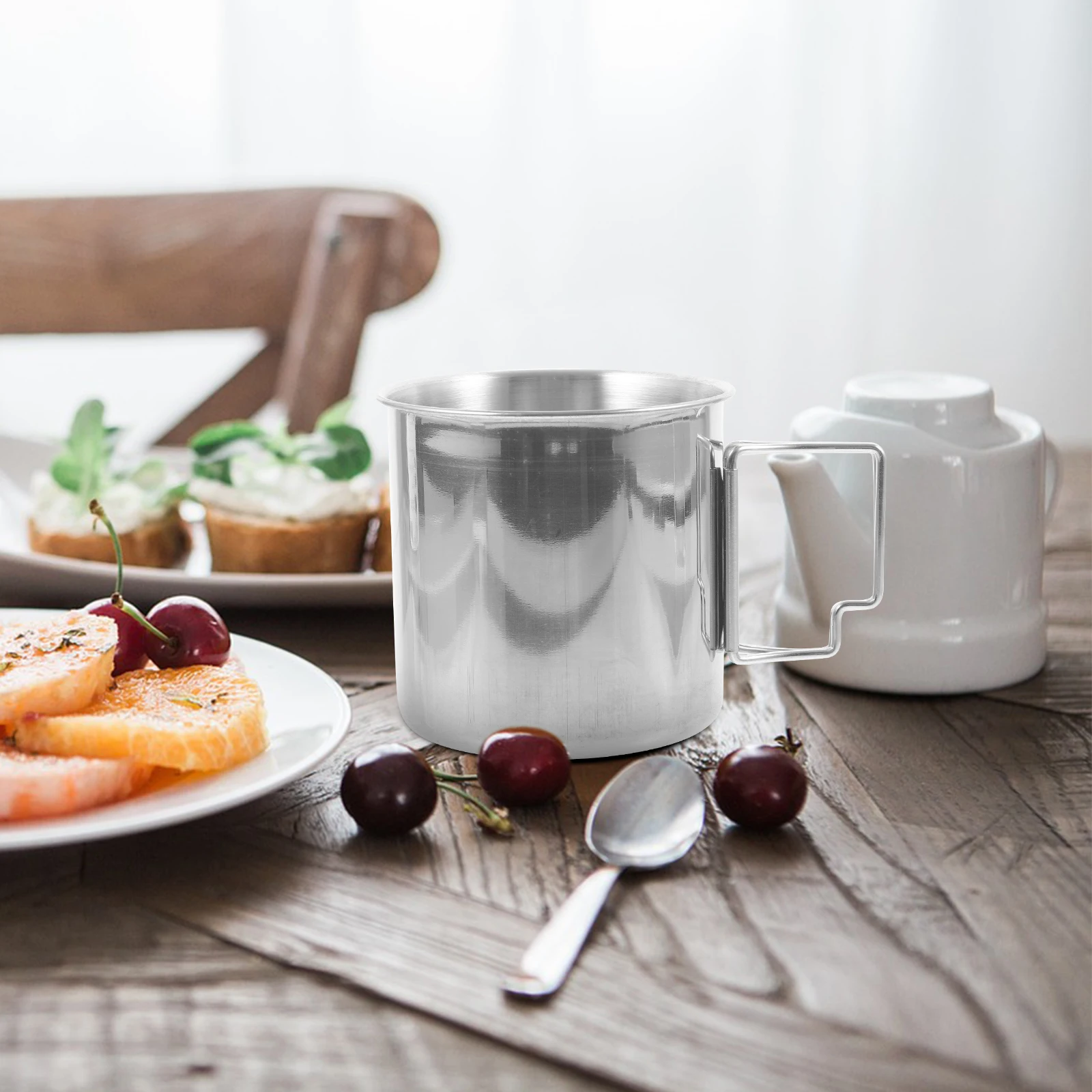 

Stainless Steel Water Cup 10cm Camping Mug Portable Outdoor Silver Metal Drinkware Foldable Handle Camping Cups Kitchen Barware