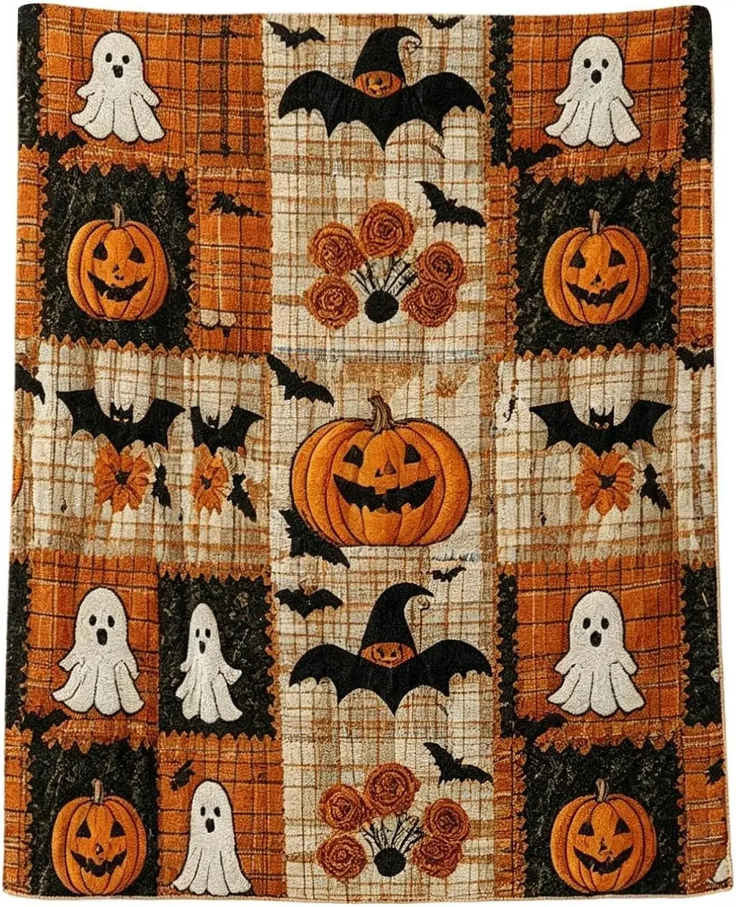 Halloween Pumpkin Ghost Bat Print Flannel Blanket, Patchwork Plaid Design, Soft Microfiber, Lightweight Warm, Halloween Decor Blanket for Sofa Couch Bed (A, 59 x 51 in)