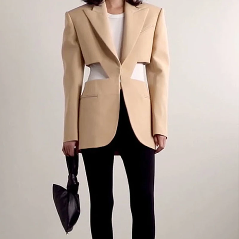 Fashion Women's Blazer Notched Collar Covered Button Cut Out Long Sleeve Solid Color Suit Jackets Autumn 2023 Blazer For Women