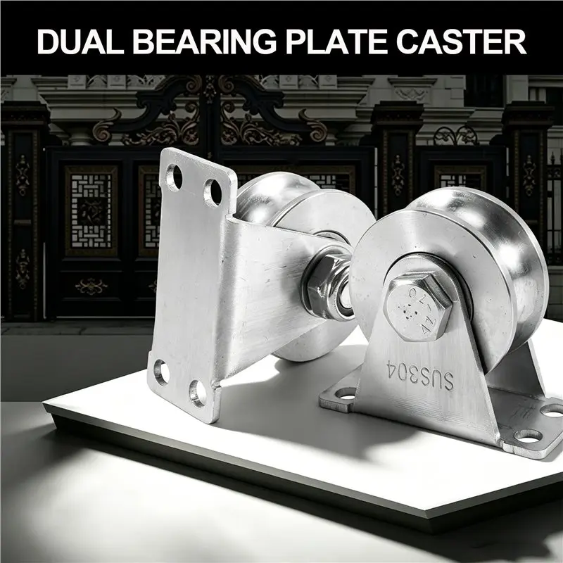 2In 304 Stainless Steel Sliding Door Wheels U-Slot Rollers Heavy Duty Pulleys Smooth Rolling Dual Bearing Plate Casters