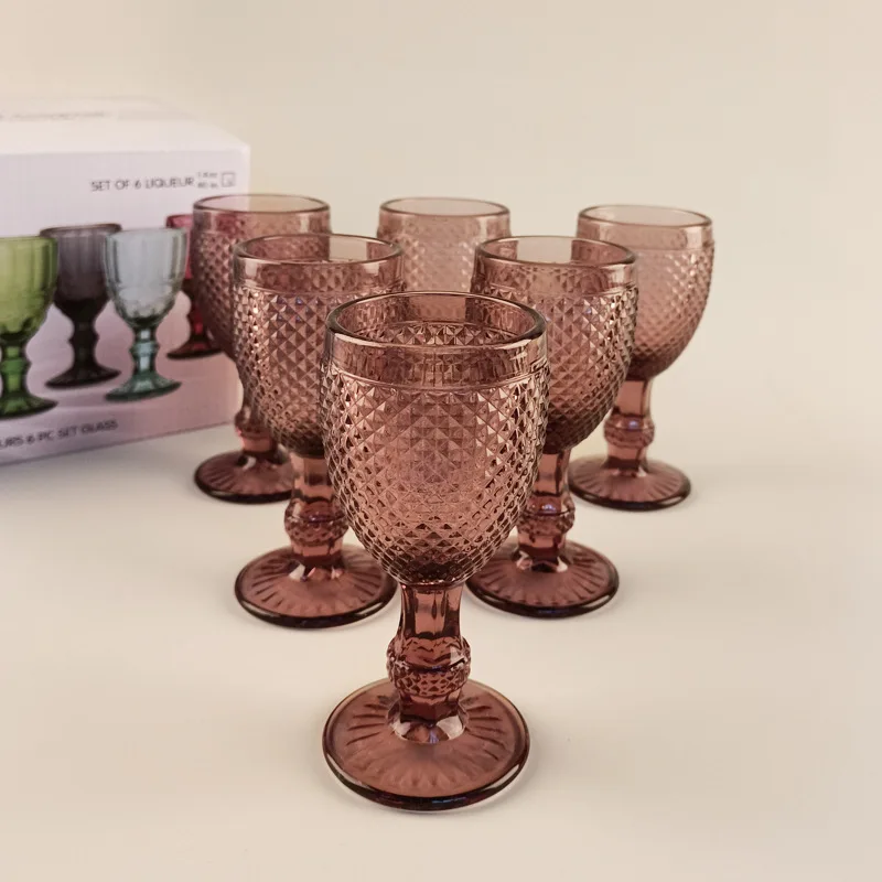 6 Pieces Pack 50ml Vintage Embossed Goblet Pressed Cheap Wholesale Shot Glass Cups Set For Wine Spirit Soju Alcohol 1 Lot