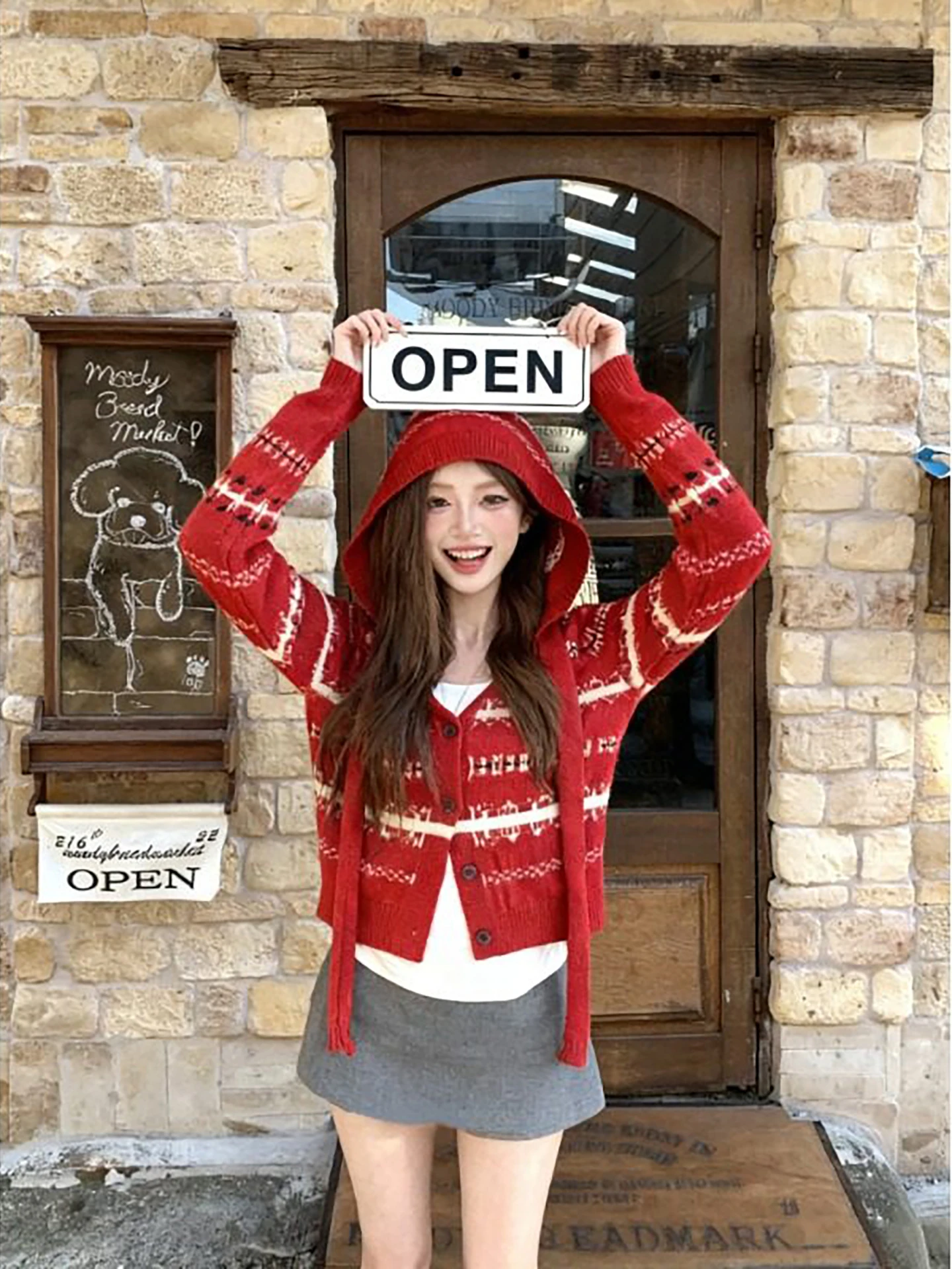 

Ele Fair Isle, красный вязаный длинный открытый кардиган с капюшоном, женская зимняя утягивающая универсальная верхняя одежда Faion 2025