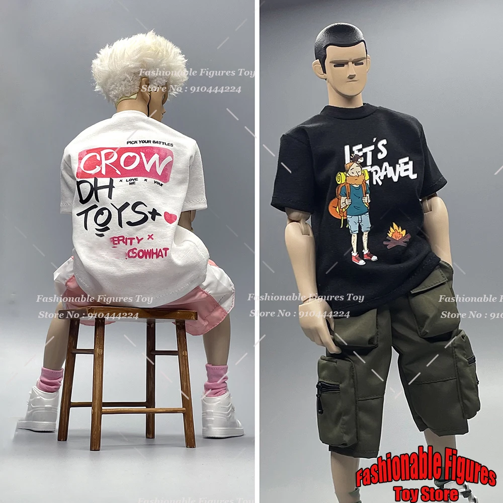 CROWDHTOYS 1/6 Men Soldier T-Shirt Trendy Letter Graffiti Printed Tops Tee Short Sleeve Fit 12Inch Action Figure Body Dolls