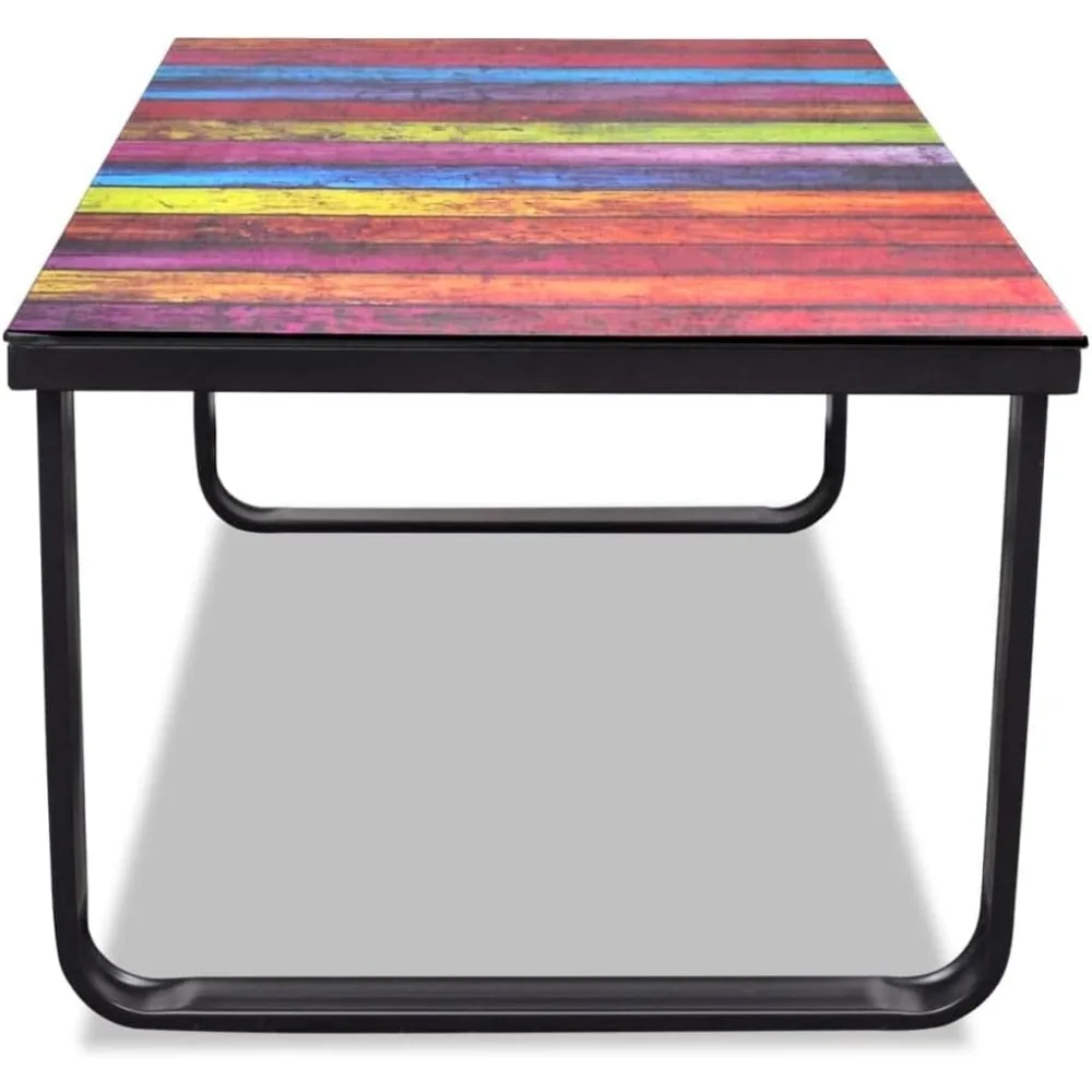 Modern Coffee Table with Rainbow Printing Glass Top - Rectangular, Black Iron Frame, Tempered Glass, Industrial Style, Living R