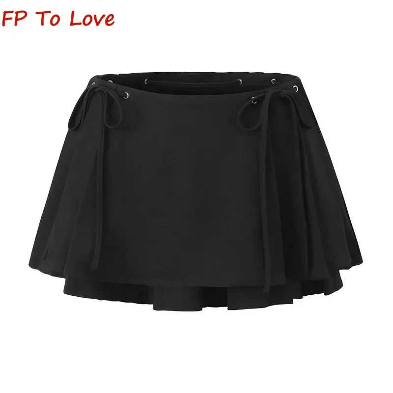 Y2K Design High Waist Double Drawstring Half-body Skirt Women Spice Girls Anti-Walking Peplum Pleated A-line Mini Skirt