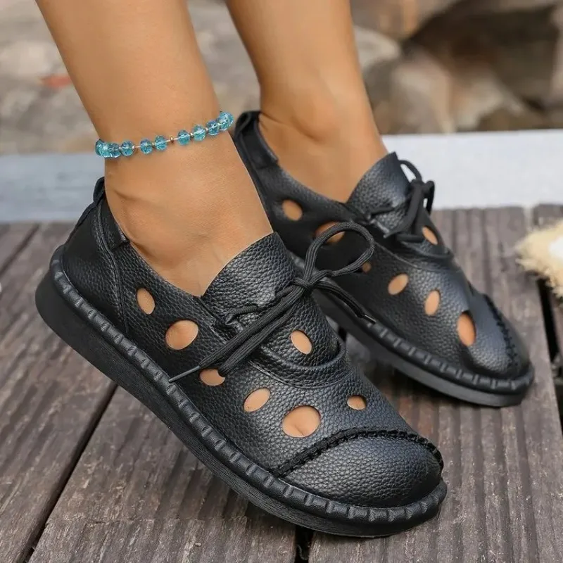 2025 صيف جديد الجوف التدريجي الدانتيل متابعة الصنادل النساء شقة زلة مقاومة الجلود البوهيمي اليدوية حذاء كاجوال مع نعل سميك #4