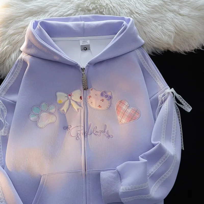 High Quality Lolita Cute Bows Cat Embroidery Hoodie Jacket Sweet Preppy Style Women Girls Loose Zipper Oversized Sweatshirt Coat