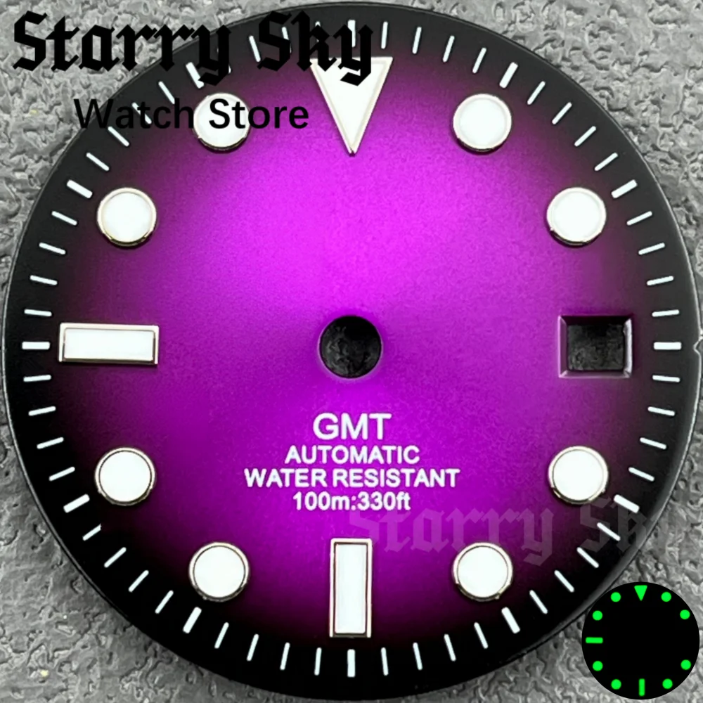 Starry Sky 29mm 3 o'clock Date GMT Marks Purple Watch Dial With Green Luminous Suitable For NH34/DG3804 Movement Watch Accessory