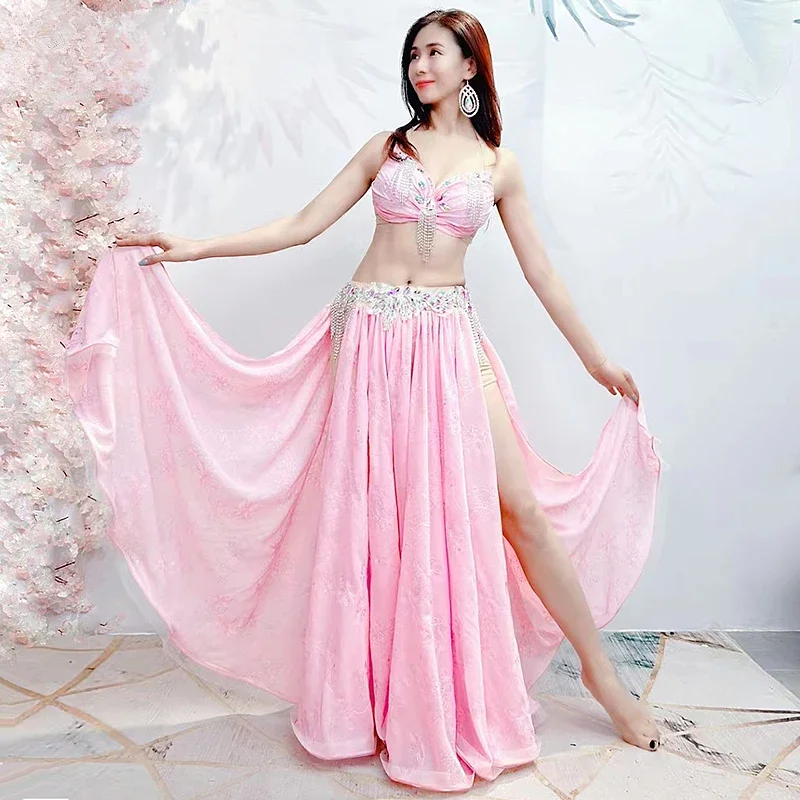 customized belly dance costume black pink rhinestone bra chiffon flower double slit long skirt set oriental performance costume