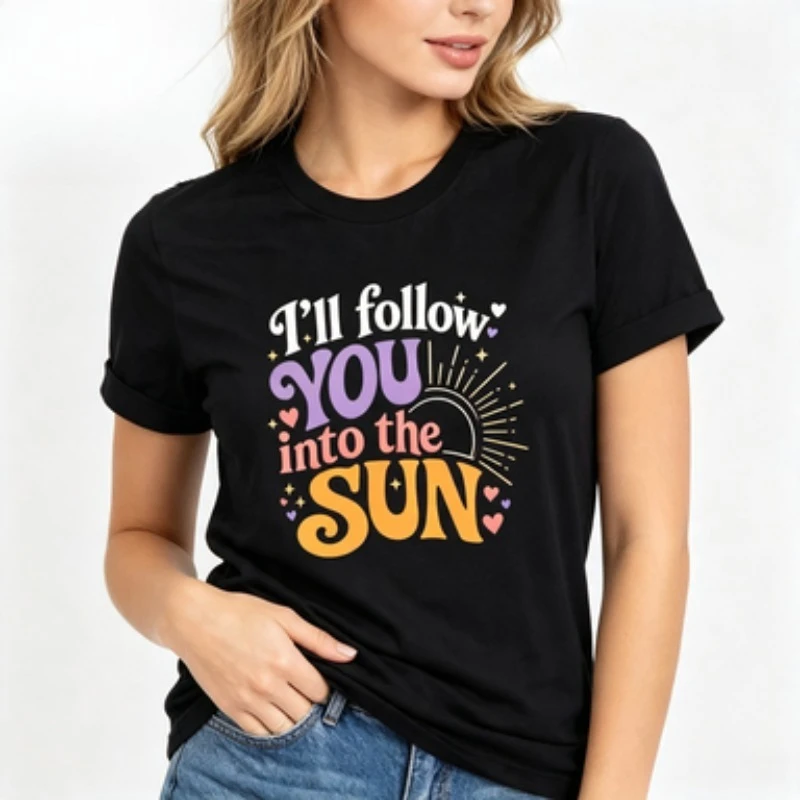 Ladies Cotton T‑Shirt Romantic Lyrics Letter Print Crewneck Short Sleeve Tee Trendy Boho Sun Pattern Casual Daily Street Tops