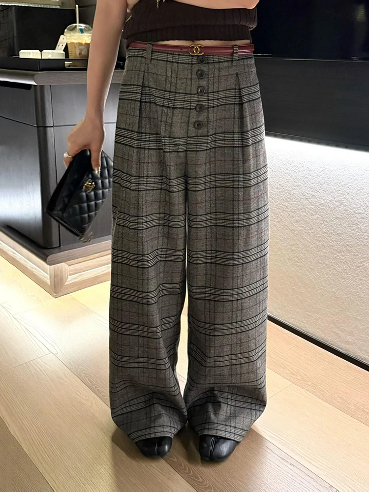 ReddaChic Women Pleated Wide Leg Tweed Pants Work Tartan Cleanfit Button Down High Rise Straight Suit Pants Fall Winter Costume