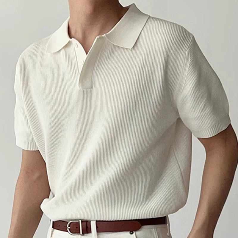

Летняя повседневная мужская вязаная рубашка поло, приталенная рубашка-поло на пуговицах, пуловер с воротником-поло, мужские модные однотонные вязаные поло