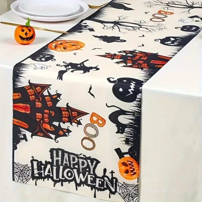 1pc Halloween Dining Table Runner Witch Haunted Castle Pumpkin Ghost Spider Web Print Table Decor for Party Home Kitchen