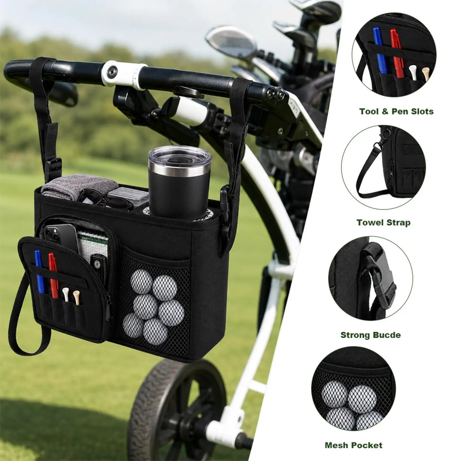 Golf Push Cart Storage Bag Waterproof Multi-Pocket Phone Storage Golf Push Cart Accessories With Adjustable Strap For Office