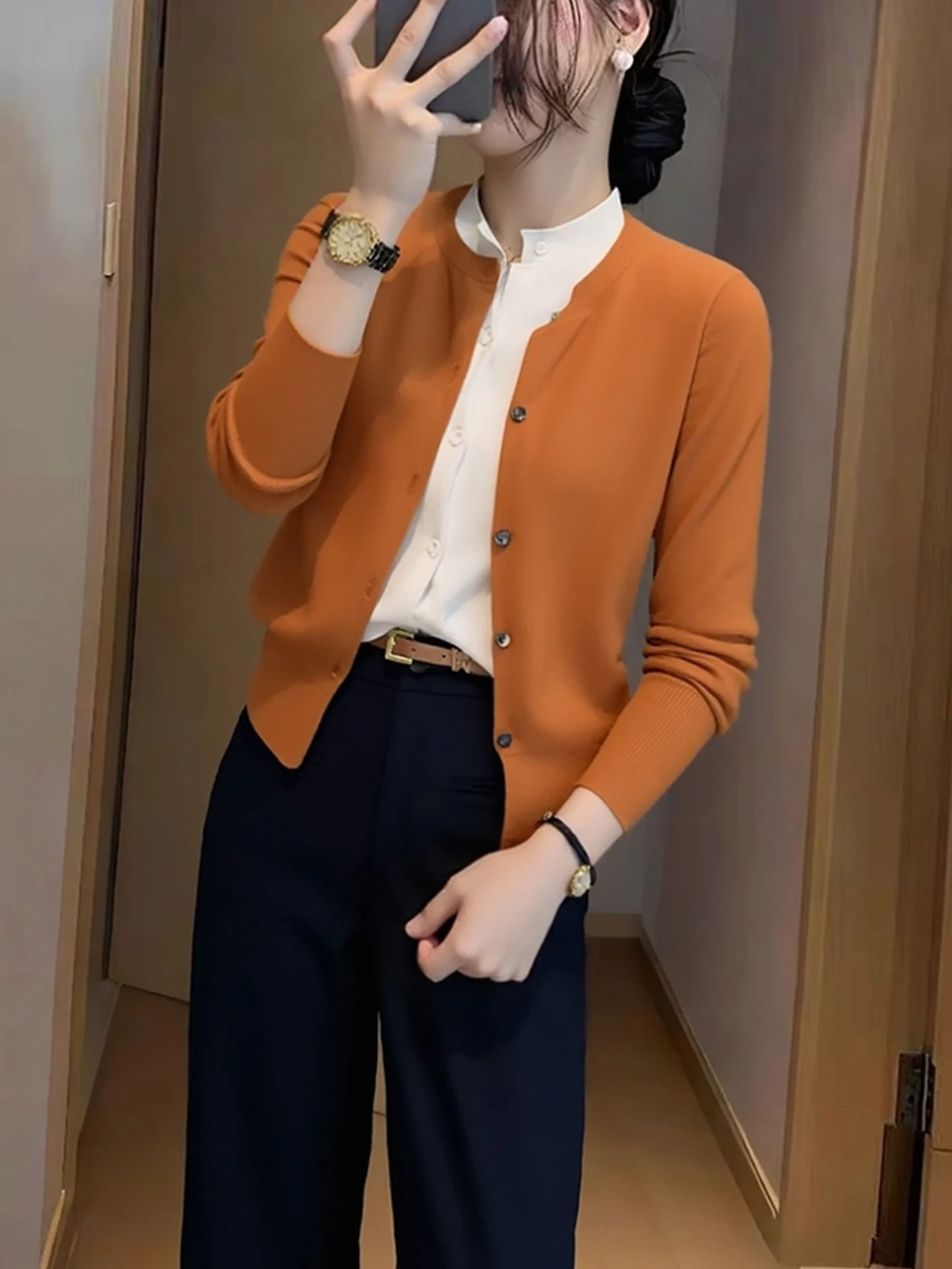 عارضة فضفاضة المرأة محبوك قبعة قطعتين اللون بلو سترة الخريف تخفيف Sle طويلة Sve جولة Ne المفتوحة سترة #4