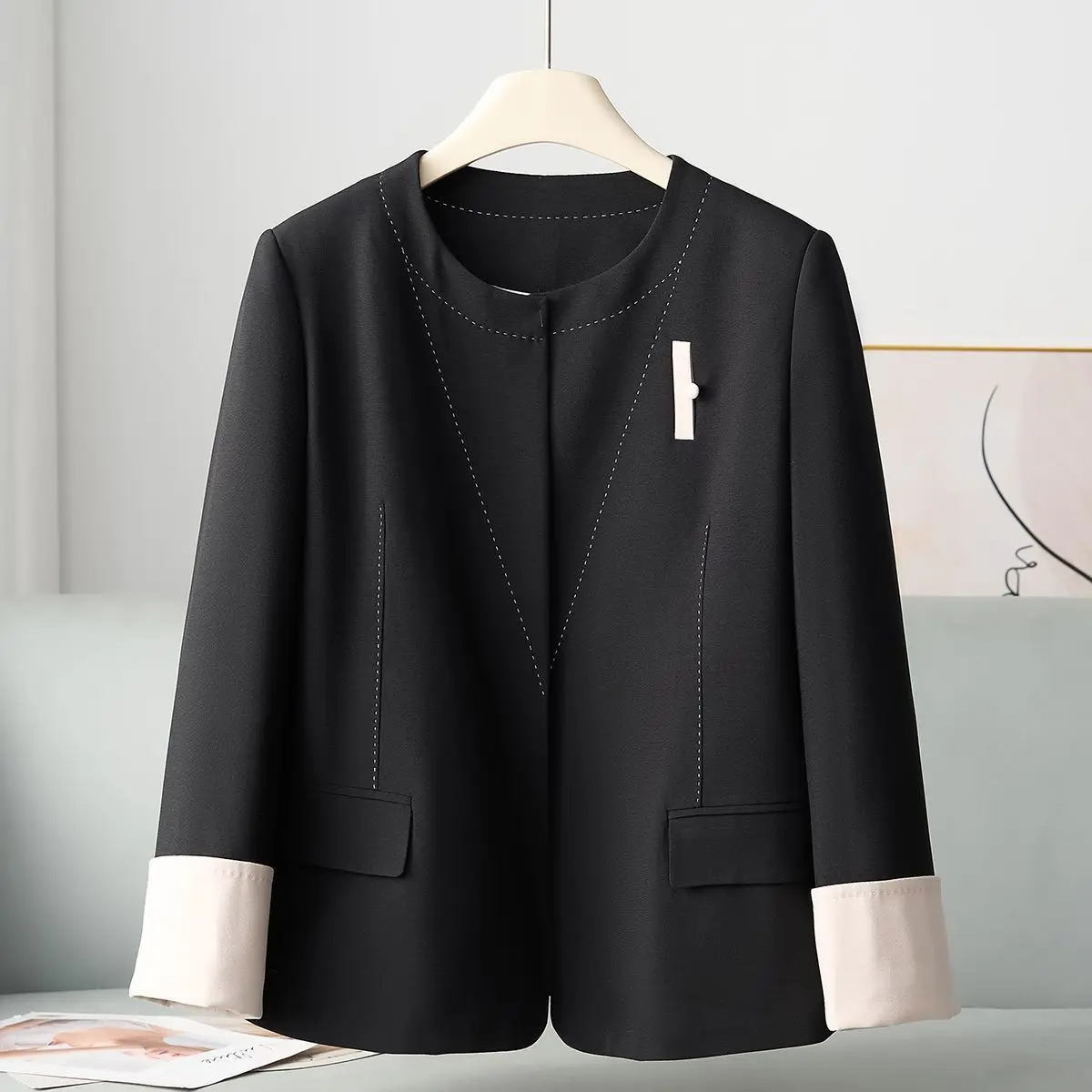 Autumn and Winter New Round Neck Simple Open Line Suit Jacke Fragrance Style High-End Coat