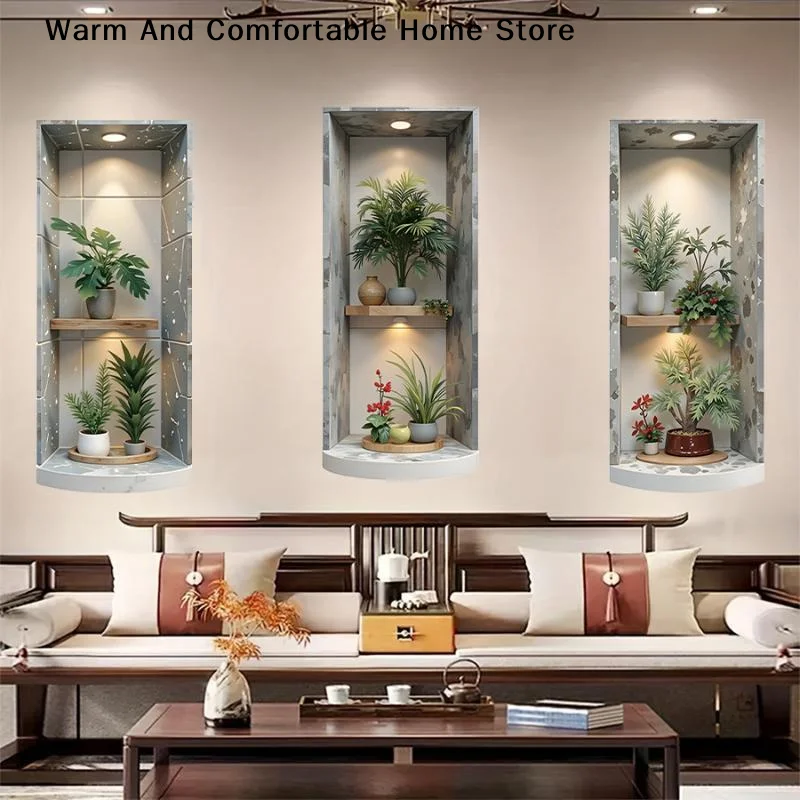 【W】3Pcs Marble Wall Niche Plant Print Wall Stickers Modern Green Plant Recessed Cabinet Self Adhesive Wallpaper For Hallway