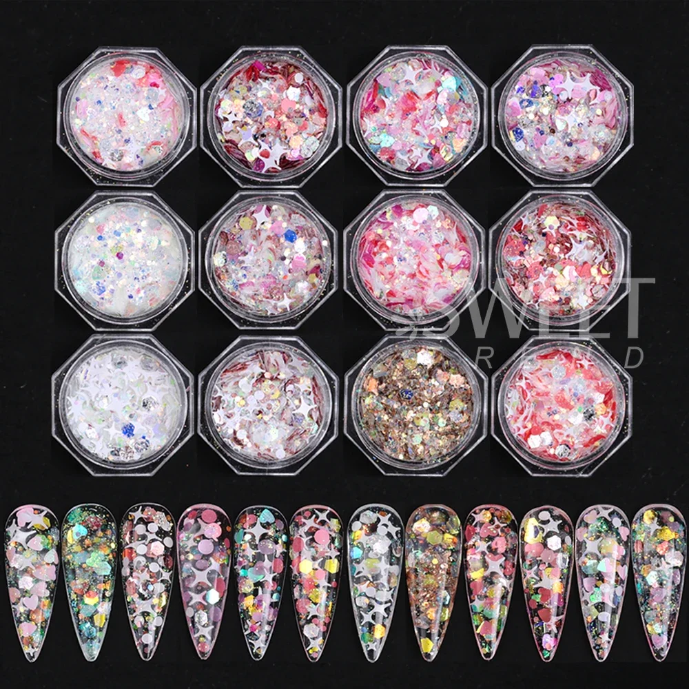 12 pz/set Olografico Y2K Stella Glitter Per Unghie Paillettes Lucido Dolce Amore Cuore Scintillante Fiocchi Paillette Accessori di San Valentino