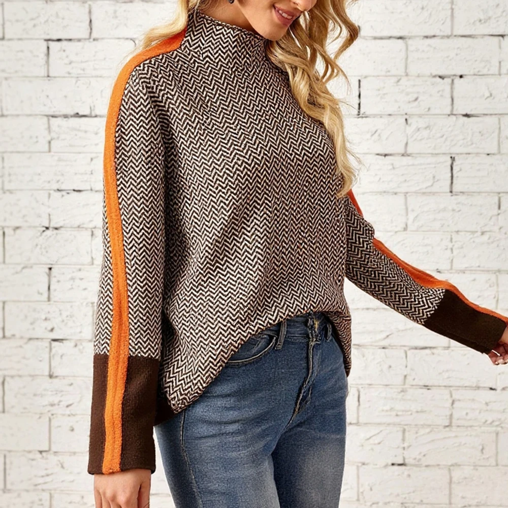 سترة ميا موسى النسائية المرقعة 2025 مريحة وأنيقة بنمط houndstooth وكتلة ألوان متباينة وأكمام طويلة بلوفر فضفاض بياقة مدورة