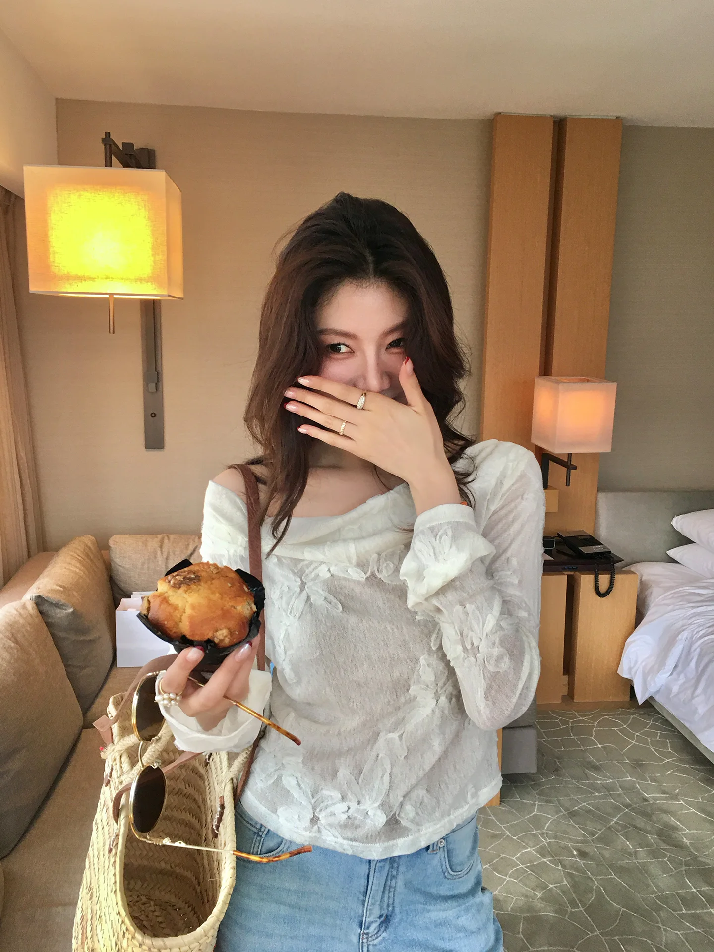 

Slimming Floral Embroidery Stand Collar Casual Shirt Women's Spring Summer Versatile Top Long Sleeve French Style J249