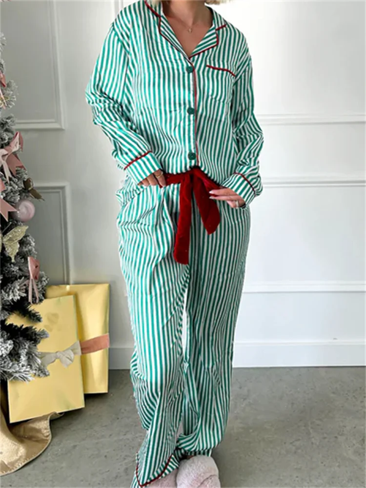 CHRONSTYLE Women 2pcs Christmas Striped Print Pajama Sets Long Sleeve Buttons Up Shirts Tops with Elastic Waist Pants Sleepwear