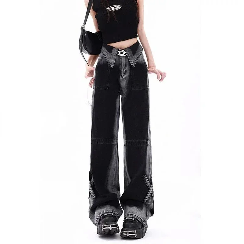 

American Style High Waisted Flanging Black Jeans Women Autumn and Winter Fashion Design Sense Washed Gradient Wide Leg Pants Y2K