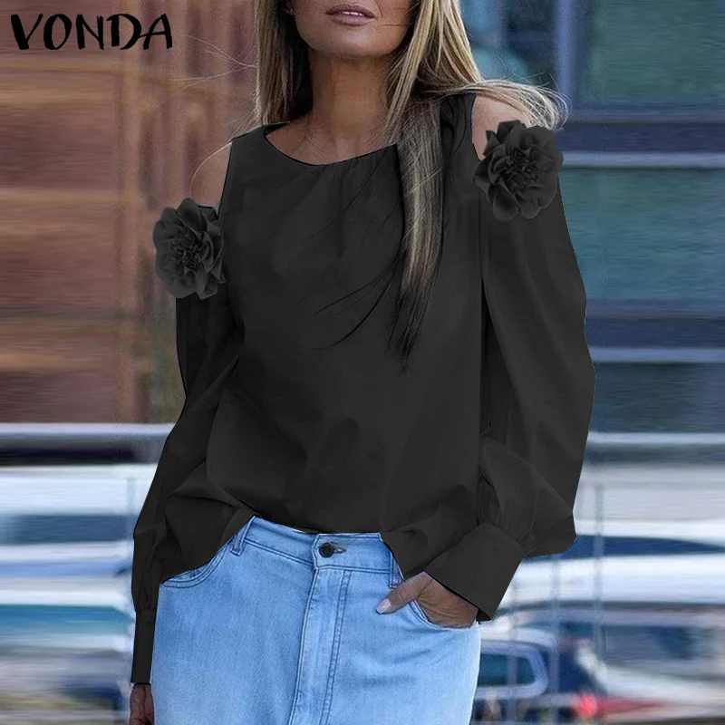 플러스 사이즈 5XL VONDA 여성 블라우스 오프 숄더 탑 캐주얼 솔리드 컬러 블라우스 긴 소매 O넥 플라워 튜닉 오버사이즈 셔츠