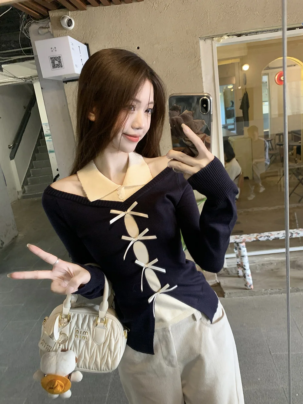 

Spicy Girl oulder Bared Color Blo Knitted Top Women's ort Sve Long Sve Turn down Collar Knot Slim Fit S...