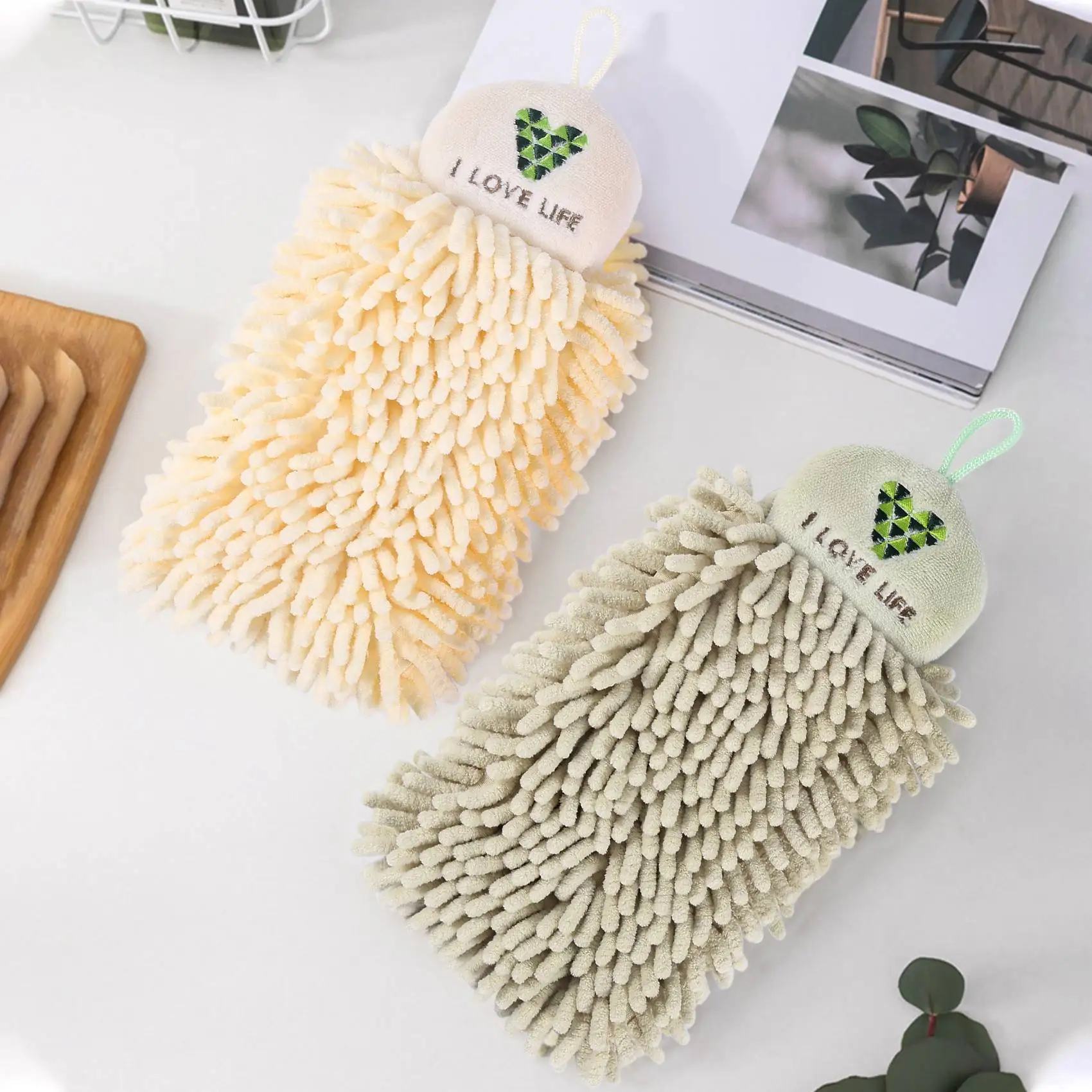 

AEF5-2Pcs Kitchen Hanging Towels Set Chenille Hand Face Wipe Towels Bathroom Washcloths