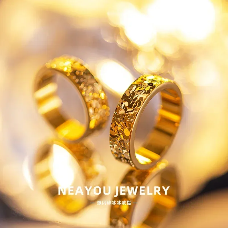 

9999 Real Gold 24K Flash Crushed Ice Couple Ring Simple Ring Crushed Ice Ring Female