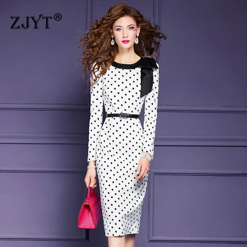 

ZJYT White Black Polka Dot Print Pencil Dresses for Women Long Sleeve Elegant Office Lady Dress Plus Size Party Vestidos Spring