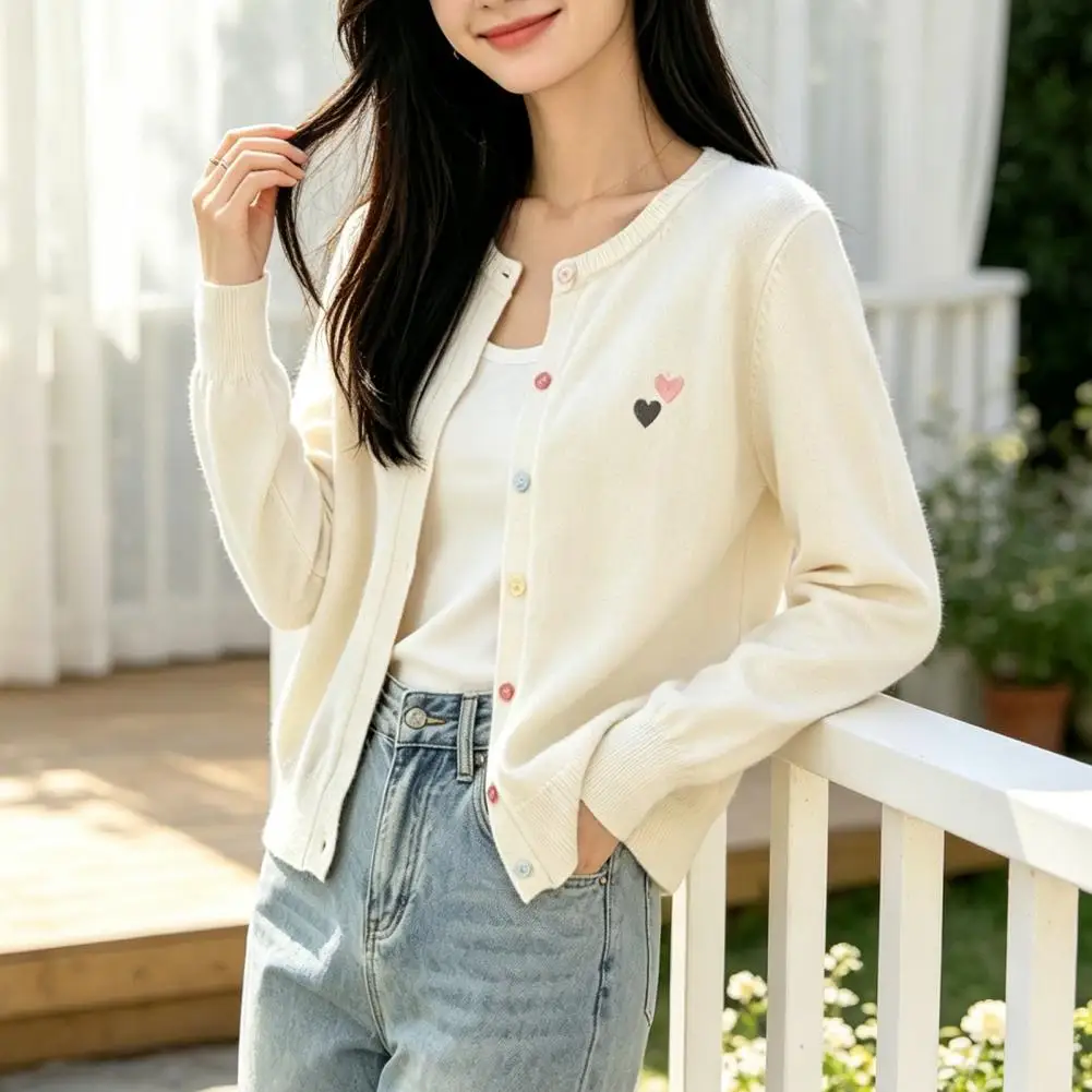 Embroidery Love Heart Open Front Jacket Round Neck Long Sleeve Cropped Top Autumn Spring Daily Wear Women Button Front Cardigan