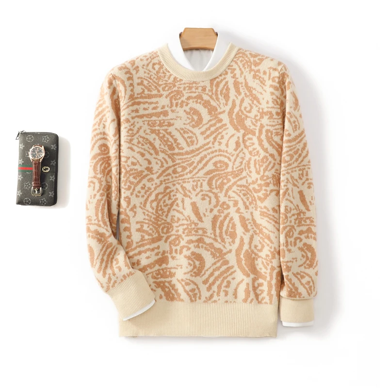 

Men Merino cashmere pullover sweater in autumn round neck long sleeved knitted pattern sweater casual soft and high-quality top