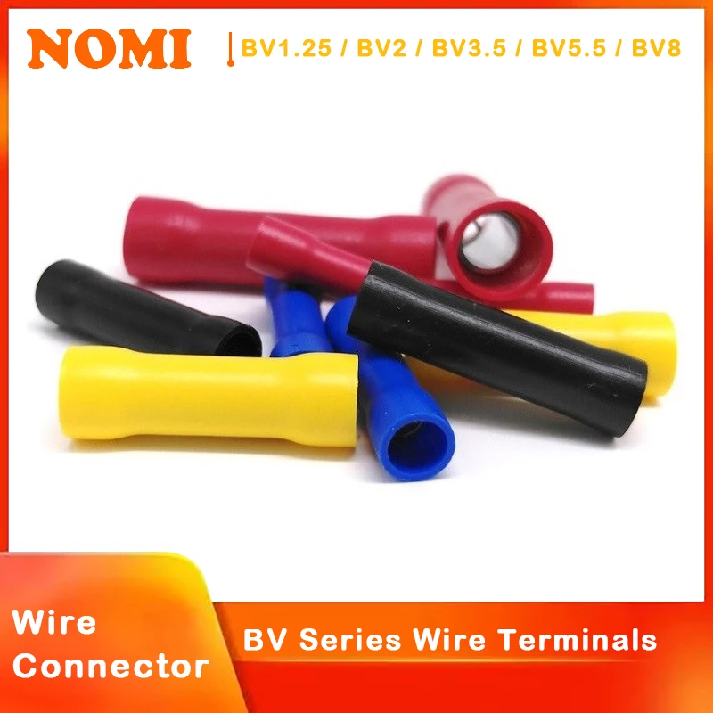 

10~100pcs BV Butt Splice Wire Connectors BV1.25 BV2 BV3.5 BV5.5 BV8 Straight Crimp PVC Insulated Copper Tube Cold Press Terminal