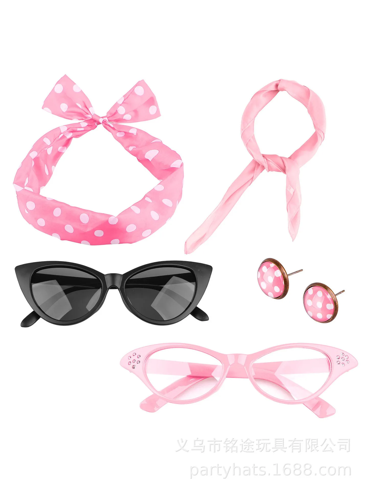 Accessori per costumi da discoteca anni '50 1950s Fancy Dress Cat Eye Glasses Polka Dot Bandana Tie orecchini con fascia Halloween Cosplay Suit