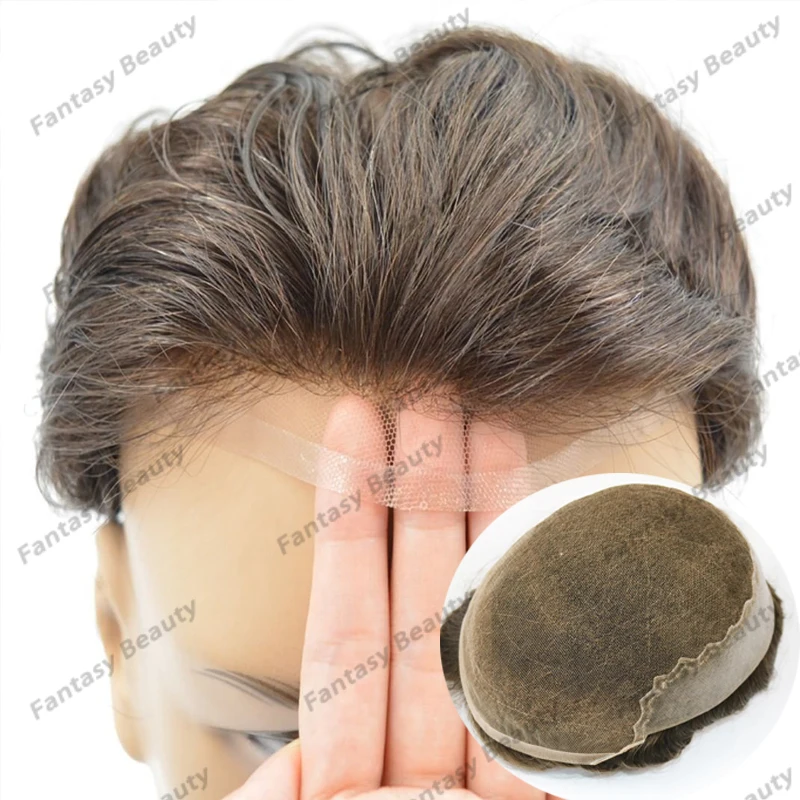 Wig rambut manusia pria Frontal renda rambut palsu bernapas renda Swiss & garis rambut dasar PU alami Sistem rambut palsu pria