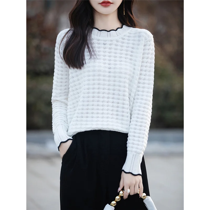 

100% Combed Pure Cotton Thread Long Sleeved Base Sweater Women's Lace Round Neck Pullover Hollowed Out Sweater Knitted Sweater