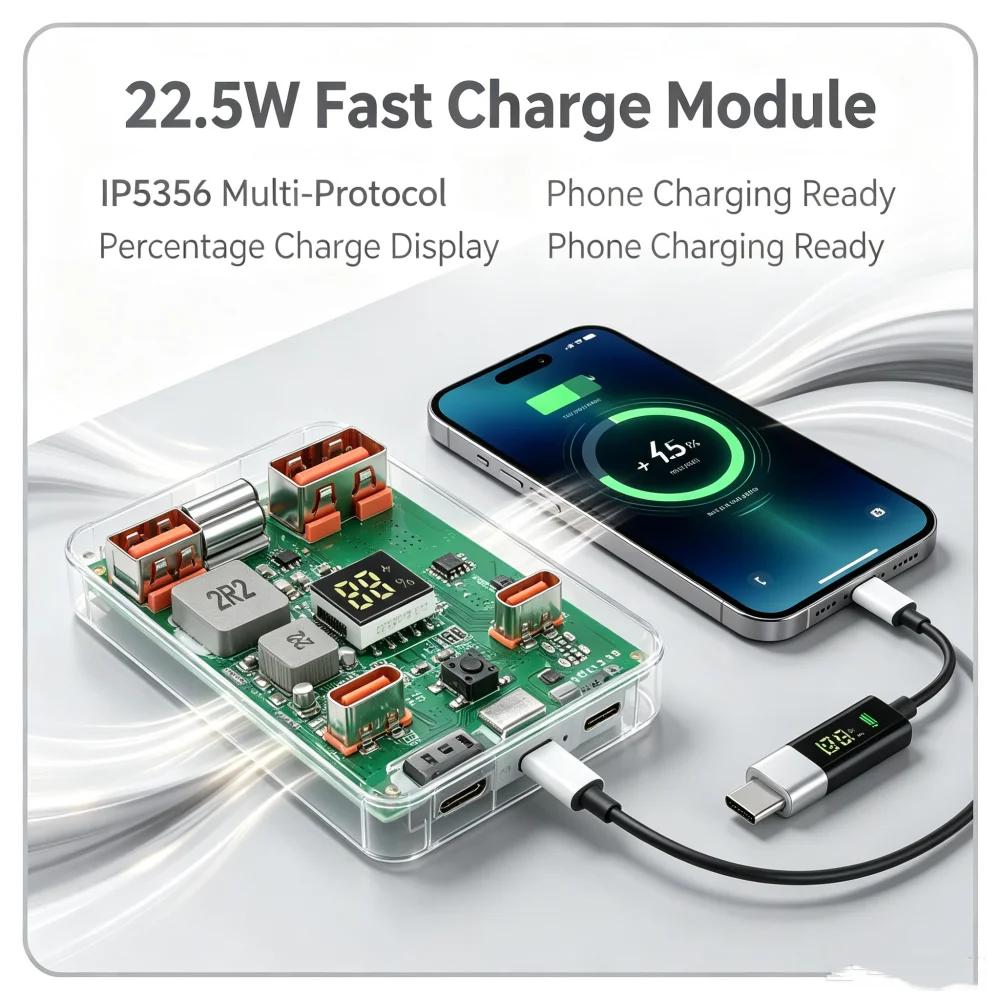 22.5W IP5356 Chip Fast Charging Motherboard Power Bank DIY Module Mobile Power Bank DIY Kit Battery Level Display PD QC VOOC