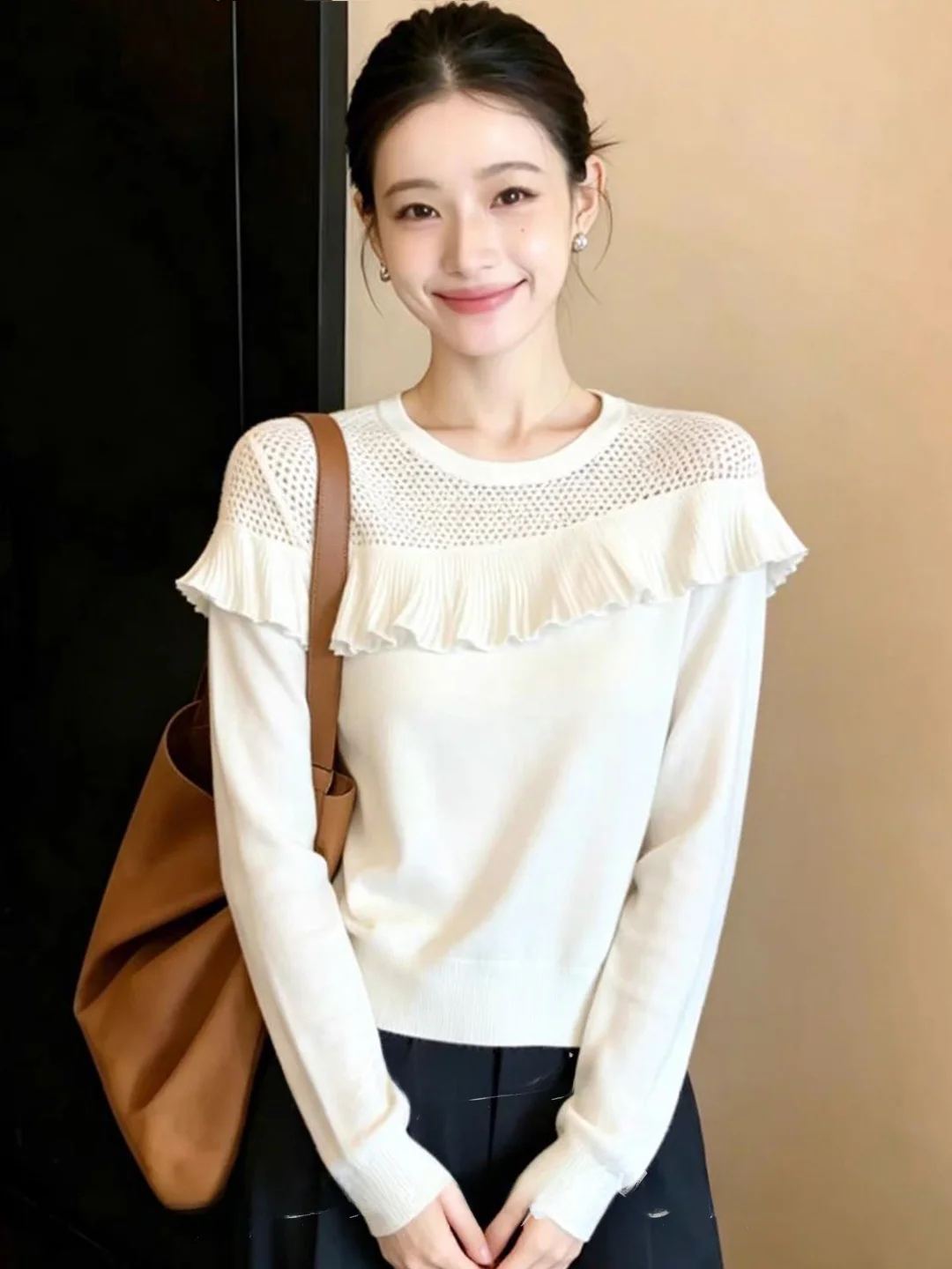 Women's Long Sleeve Knitted Hollow out Design Sensation Hemline White Casual Style Polyester Fiber Soft Comfortable Breathable