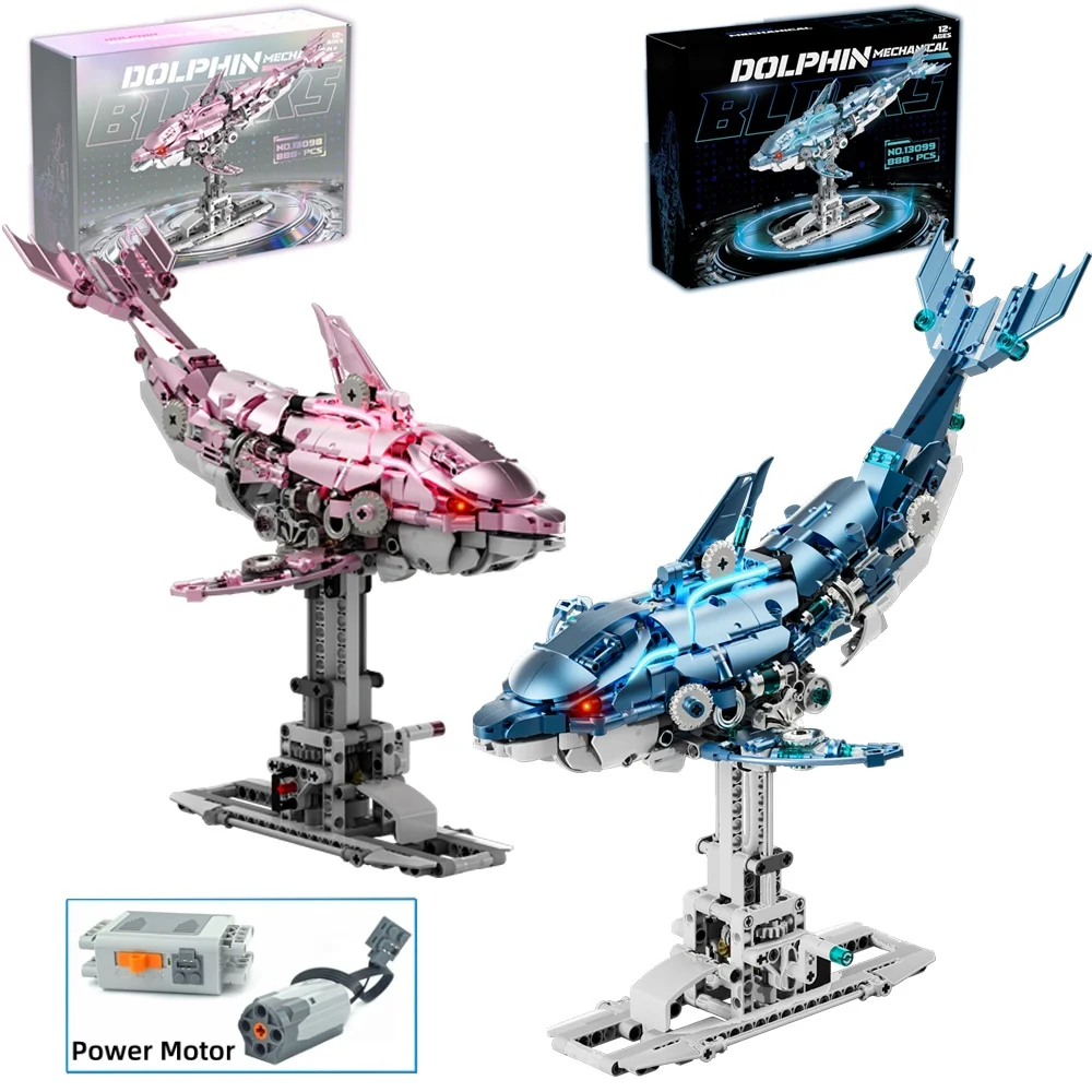 

888PCS Creative Marine Animal Building Blocks Set Mechanical Dolphin with Light Linkage Assembly Model Christmas birthday gifts